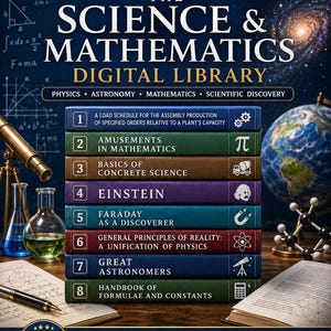 May include: An ebook bundle titled "8 Science & Mathematics" featuring a stack of eight digital books. The books cover physics, astronomy, mathematics, and scientific discovery. The image includes scientific instruments and a globe.