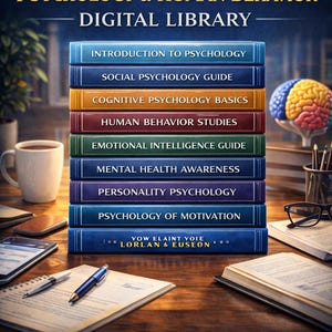 Pode incluir: Uma pilha de e-books de psicologia com títulos como "Introdução à Psicologia" e "Psicologia da Motivação". A imagem inclui o texto "The Psychology & Human Behavior Digital Library" e "Includes High-Quality PDFs."