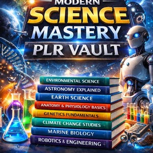 May include: A digital product bundle titled "The Modern Science Mastery PLR Vault" featuring 8 science eBooks. The image includes a futuristic robot, beakers, and a stack of colorful books with titles like "Environmental Science" and "Marine Biology". The bundle includes PLR and resell rights.