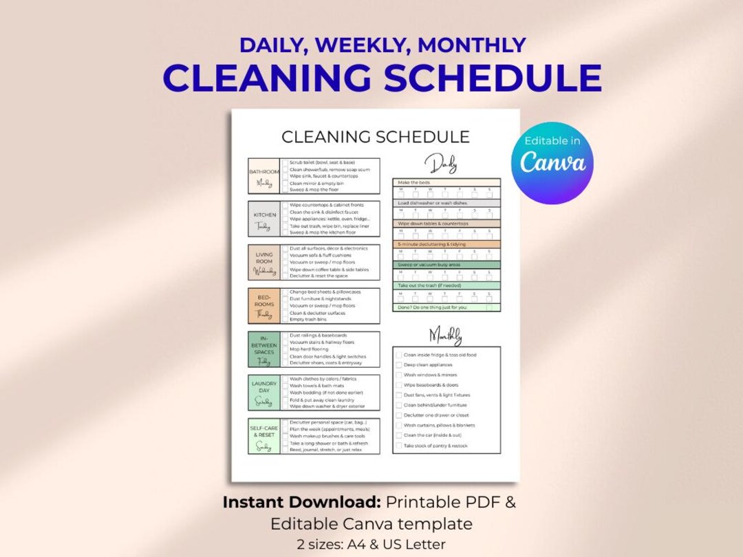 Printable Cleaning Schedule Checklist, Digital Household Chore Chart ...