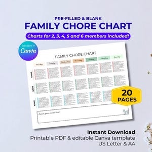 Op de afbeelding: Een afdrukbare gezinskluskaart met de tekst "FAMILY CHORE CHART" en "Charts for 2, 3, 4, 5 and 6 members included!". De kaart is bewerkbaar in Canva en bevat 20 pagina's. Direct downloaden, US Letter & A4.