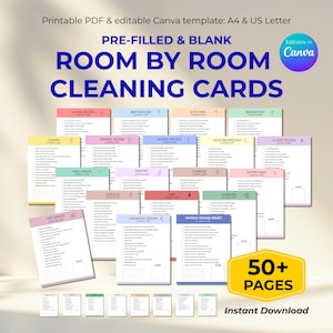 Printable Room by Room Cleaning Cards, Editable Home Organization Chore Chart, Deep Cleaning Checklist Schedule ADHD, Instant Download Canva