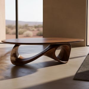 Solid Walnut Coffee Table, Sculptural Infinity Base, Japandi Modern Living Room Furniture