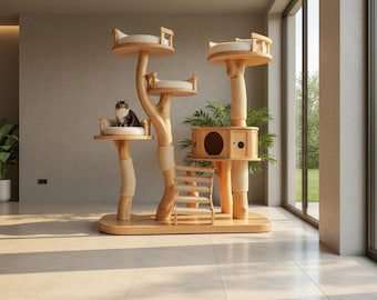 Handcrafted Natural Wood Cat Tree, Minimalist Modern Cat Furniture Climber Condo