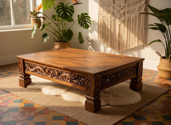 Hand Carved Solid Wood Coffee Table, Rustic Floral Living Room Decor