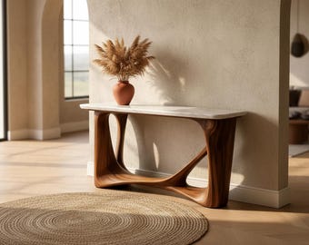 Sculptural Marble Top Console Table, Walnut Organic Modern Hallway Furniture