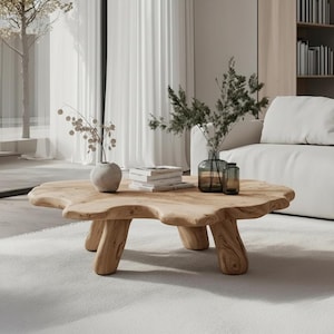 May include: A natural wood coffee table with a unique, organic shape. The table has a light brown color and sits on three sturdy legs. Decorative vases with plants and books are arranged on the table, which is placed on a white rug in a modern living room.