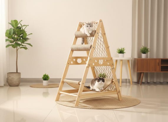 Multi-Level Wooden Cat Tree Tower with Sisal Scratching Post, Modern Branch Design