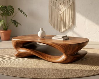 Sculptural Solid Wood Coffee Table, Organic Wave Design, Minimalist Living Room Furniture