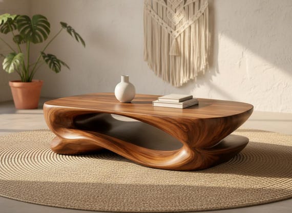 Sculptural Solid Wood Coffee Table, Organic Wave Design, Minimalist Living Room Furniture