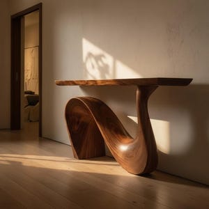 May include: A modern, sculptural wooden console table with a unique, flowing design. The table features a long, rectangular top supported by a single, curved base. The wood has a rich, dark brown color, and the table is positioned against a neutral-toned wall.