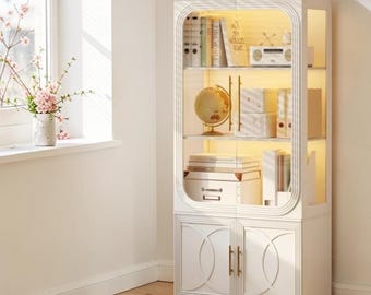 Glass Display Cabinet LED Bookcase Curio Storage Pantry Organizer White Tall