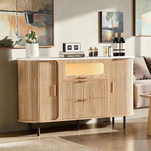 Fluted Sideboard Cabinet, Marble Top Coffee Bar, Mid Century Storage Console