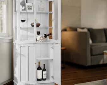 Farmhouse Pantry Cabinet Glass Door Kitchen Sideboard Storage Organizer White Hutch