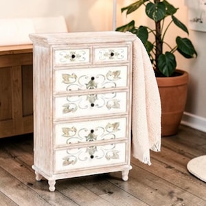 bohemian tall dresser Homfa 50 Tall Dresser with 4 Drawers, Boho Vintage Dresser with 2 Doors, Wood Drawers Chest for Bedroom Living Room Entryway