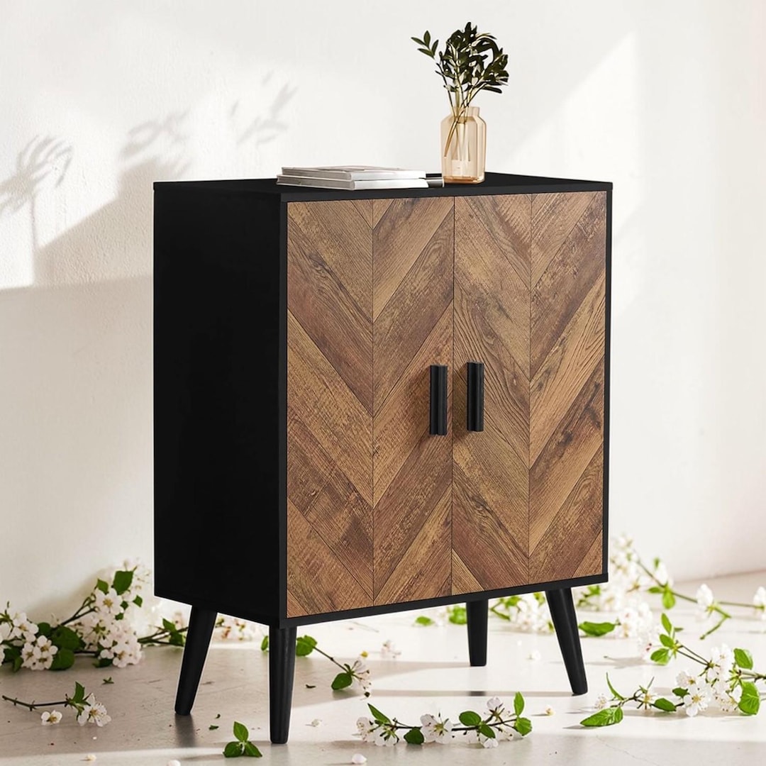 Modern Black Herringbone Storage Cabinet - 31" Accent Sideboard With