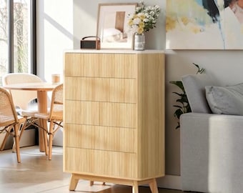 Fluted Wood Dresser Marble Top Handleless Storage Cabinet Oak Furniture