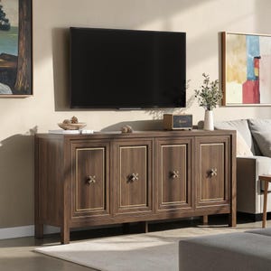 Walnut Sideboard Cabinet, Modern Buffet Credenza, Coffee Bar Console with Storage and Bronze Handles