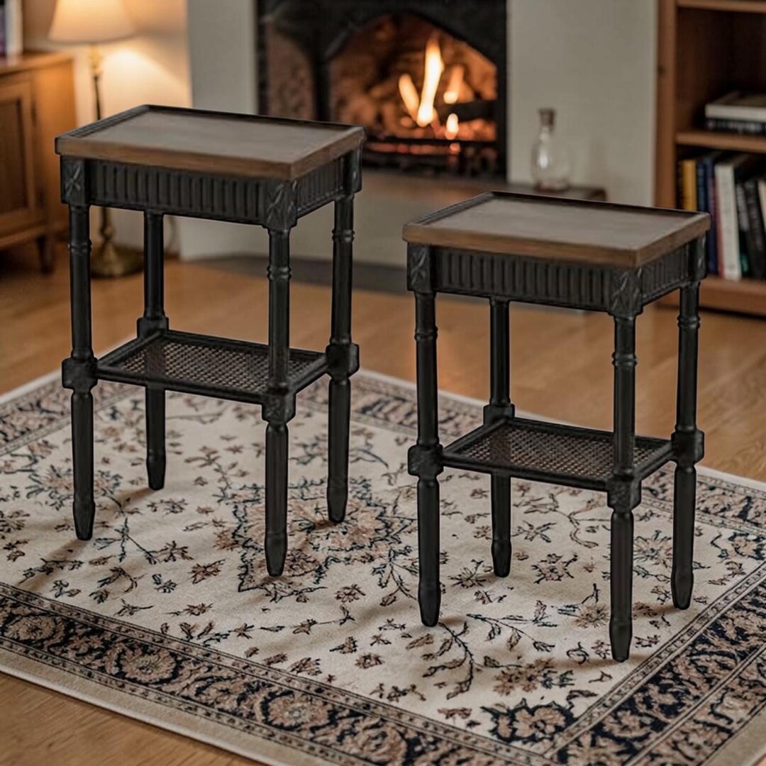 Rustic Farmhouse End Tables Cottage Core Side Set Wicker Shelf Tray ...