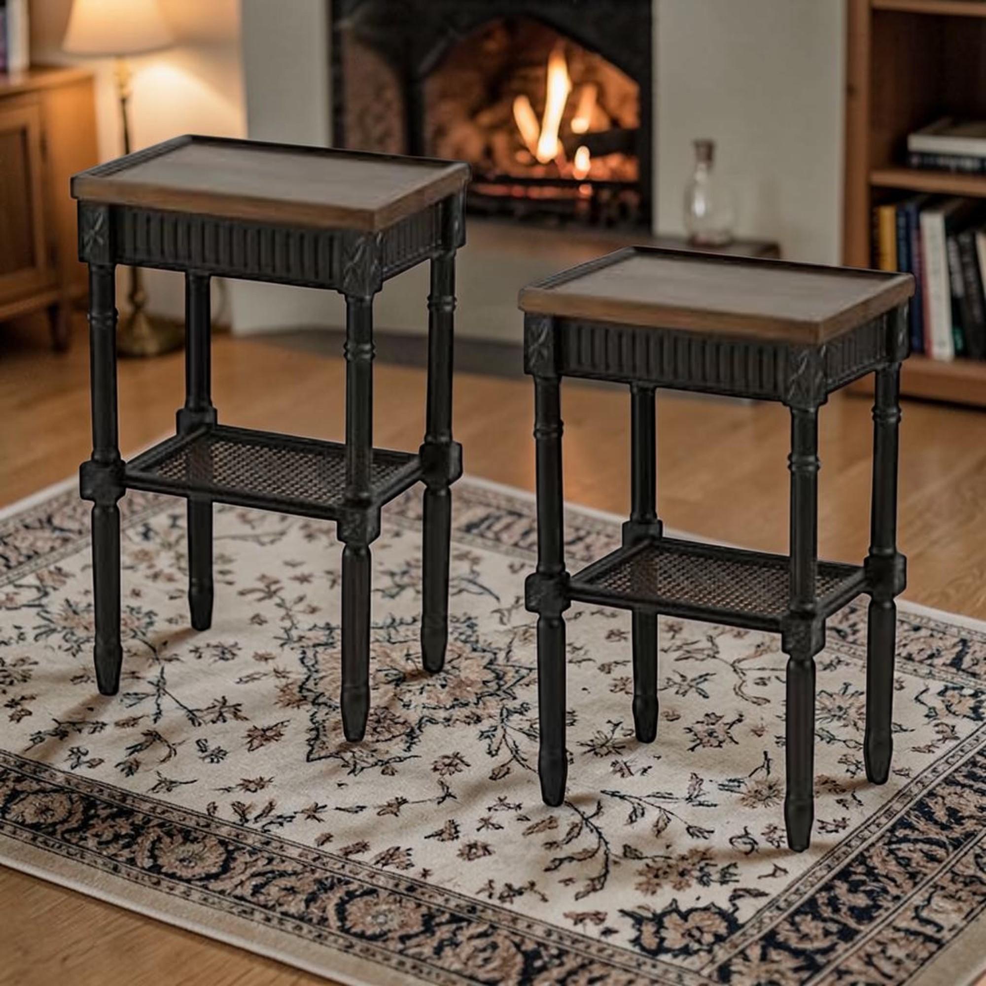 Rustic Farmhouse End Tables Cottage Core Side Set Wicker Shelf Tray ...