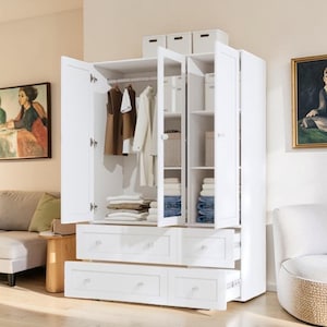 Modern White Wardrobe Closet with Mirror, LED Storage Cabinet and Hanging Rod