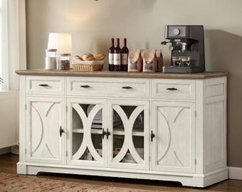 Farmhouse Sideboard Cabinet Glass Doors Buffet Storage Drawers White Furniture