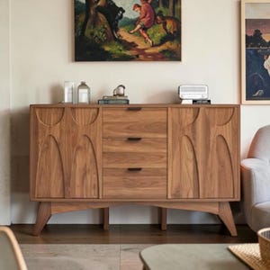 47" Mid-Century Modern Buffet Cabinet - 3-Drawer Sideboard & Coffee Bar with Adjustable Shelving