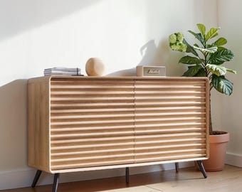 54" Mid-Century Modern 6-Drawer Double Dresser - Slatted Panel Wood Chest with Tapered Legs