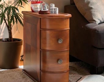 Solid Wood Narrow End Table, Slim Side Table with Drawers, Modern Arc Chairside Cabinet