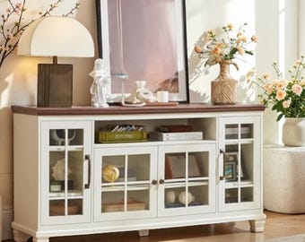 Farmhouse Buffet Cabinet with Glass Doors, Rustic Sideboard Storage Credenza