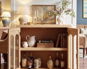 Modular Sideboard Cabinet Arched Glass Display LED Shelves Natural Set