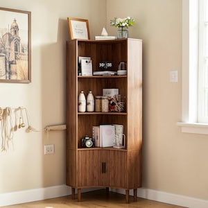 67" Tall Modern Fluted Corner Cabinet with Sliding Doors and Open Shelving (Walnut)