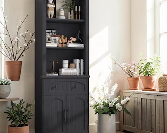 Farmhouse Bookcase Cabinet Tall Storage Shelves Drawer Doors Organizer Display Unit