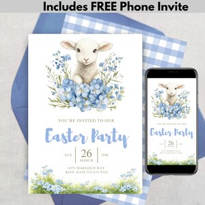 Pode incluir: Um convite para uma festa de Páscoa com uma ilustração de um cordeiro e flores azuis. O convite inclui o texto "Você está convidado(a) para a nossa festa de Páscoa" e detalhes do evento. Um smartphone mostra o mesmo design.