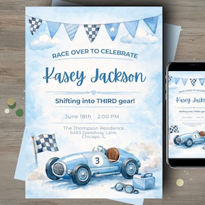 May include: Light blue watercolor invitation with a race car theme. The invitation reads "Race Over to Celebrate" and includes the name "Kasey Jackson" and the phrase "Shifting into THIRD gear!" A smartphone displays the same design.