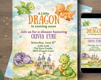 Könnte beinhalten: Eine Aquarell-Einladung mit Drachen-Motiv. Die Einladung lautet "A Little Dragon is coming soon" und enthält Details für eine Feier zu Ehren von Olivia Eyre. Ein Smartphone zeigt die gleiche Einladung. Das Design zeigt Drachen, ein Schloss und einen blauen Himmel.