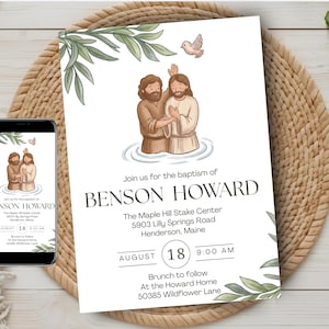 May include: A baptism invitation card and a smartphone displaying the same design. The invitation features a watercolor illustration of a baptism, green leaves, and the text: Join us for the baptism of BENSON HOWARD, The Maple Hill Stake Center, 5903 Lilly Springs Road, Henderson, Maine, AUGUST 18, 9:00 AM, Brunch to follow, At the Howard Home, 50385 Wildflower Lane.