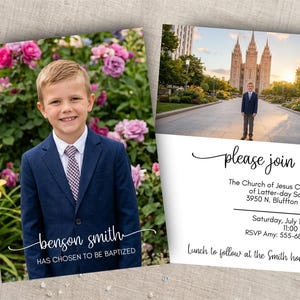 May include: A baptism invitation card featuring a photo of a young person in a navy suit against a floral background and a photo of the same person in front of a temple. Text reads: benson smith HAS CHOSEN TO BE BAPTIZED, please join us, The Church of Jesus Christ of Latter-day Saints 3950 N. Bluffton Rd., Saturday, July 19th 11:00 AM, RSVP Amy: 555-6840, Lunch to follow at the Smith home.