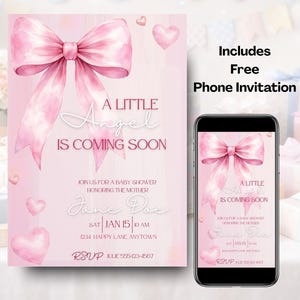 May include: Pink baby shower invitation with a watercolor bow and hearts. The invitation reads "A Little Angel Is Coming Soon" and includes event details. A phone displays the same design.