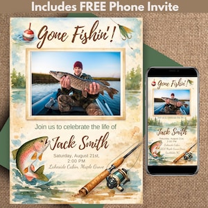 Può includere: Un invito a tema pesca. Il design include il testo "Gone Fishin'!" e una foto di una persona che tiene un pesce. Uno smartphone mostra lo stesso invito. L'invito include anche il testo "Join us to celebrate the life of Jack Smith."