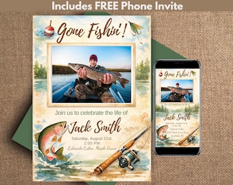 Editable Fisherman Funeral Invitation Template, Forever Fishing Memorial Service, Celebration of Life Announcement for Men, Rustic Theme