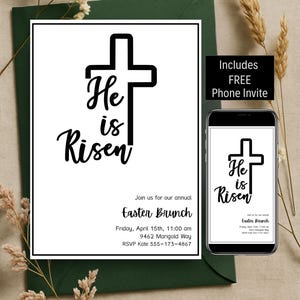 Bewerkbare eenvoudige paaskruisuitnodiging, minimalistische lentebrunchuitnodiging, tekstsjabloon zwart-wit eieren zoeken, aangepaste religieuze feestdag