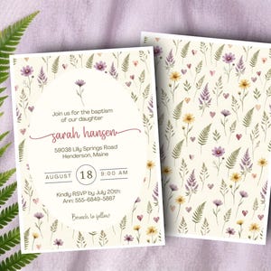 May include: Two rectangular baptism invitation cards featuring a cream background with a pattern of watercolor purple flowers, yellow daisies, green ferns, and small hearts. The left card includes text: Join us for the baptism of our daughter sarah hansen 59038 Lily Springs Road Henderson, Maine AUGUST 18 9:00 AM Kindly RSVP by July 20th: Ann: 555-6849-5867 Brunch to follow.