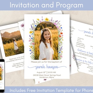May include: A baptism invitation and program set featuring a central portrait of a girl in a white dress framed by a colorful watercolor floral arch. The text includes the name Sarah Hansen, the date August 18th, 2029, and event details.