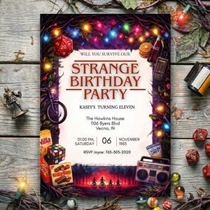 Strange Things Birthday Invitation,  Kids teens retro party invite, 80s TV show Theme, Canva Editable, Instant Download, ST1