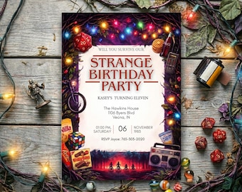Invitation d'anniversaire de choses étranges, invitation de fête rétro pour enfants et adolescents, thème d'émission de télévision des années 80, canva modifiable, téléchargement immédiat, ST1