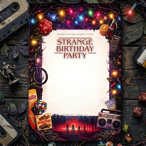 May include: A themed birthday party invitation with the text "STRANGE BIRTHDAY PARTY". The design includes a cassette tape, dice, a Rubik's Cube, and other retro items, with a forest scene at the bottom.