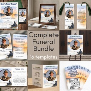 May include: A complete funeral bundle with 16 templates. The templates include a memorial portrait, bookmarks, a sign, a thank you card, and a memorial website card. The templates feature a portrait of a man fishing.