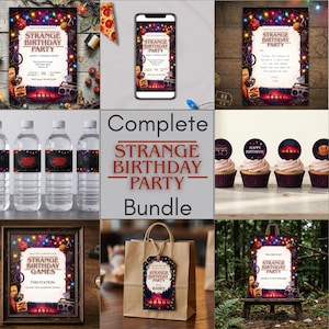 May include: A complete "Strange Birthday Party" bundle with invitations, water bottle labels, cupcake toppers, a framed sign, a gift bag tag, and a welcome sign. Designs include colourful lights, a retro radio, and the text "Strange Birthday Party".