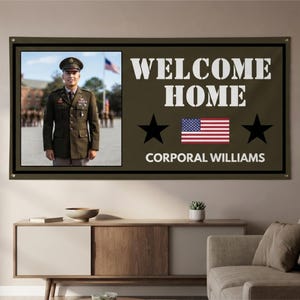 Willkommensbanner-Vorlage für Militärangehörige, patriotisches Schild, anpassbare Canvas-Vorlage, Armee, Marine, Marineinfanterie, Luftwaffe, Küstenwache